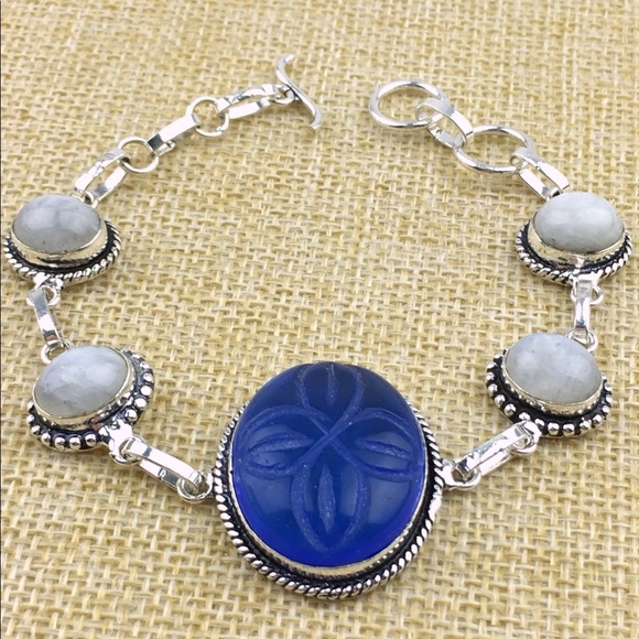 New Moonstone and Carved Glass Silver Overlay Bracelet 7 1/4” , 7 3/4” 8 - Picture 2 of 10